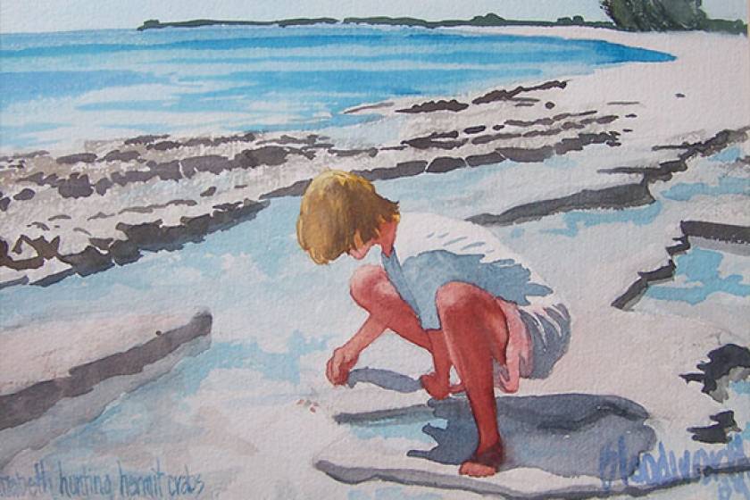 painting of a child looking at a hermit crab