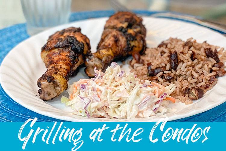 jerk chicken with red beans & rice and coleslaw