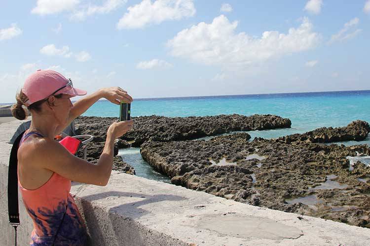 woman using cell phone by ocean