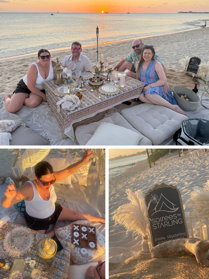 double date couples on beach picnic