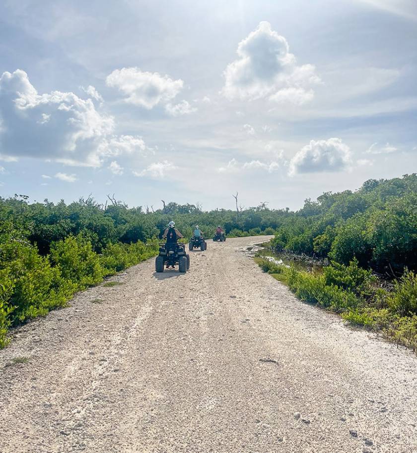 four wheeler riders on island back road