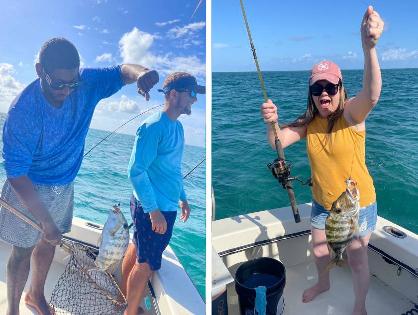 Daniel and Marc pulling fish into net and Toni posing with catch