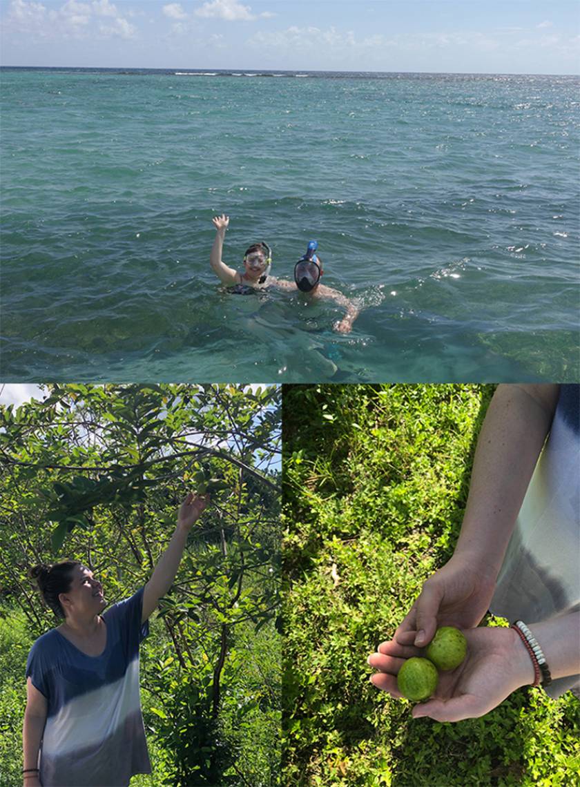 snorkeling and holding fruit