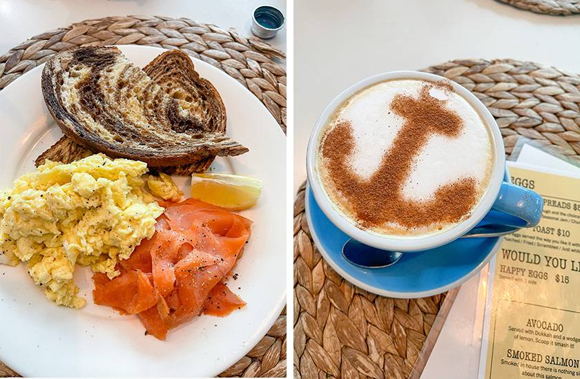 salmon, eggs, toast and a cappaccino