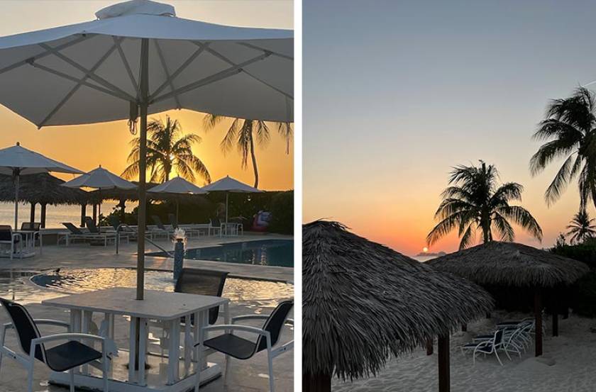 pool deck and beach at sunset