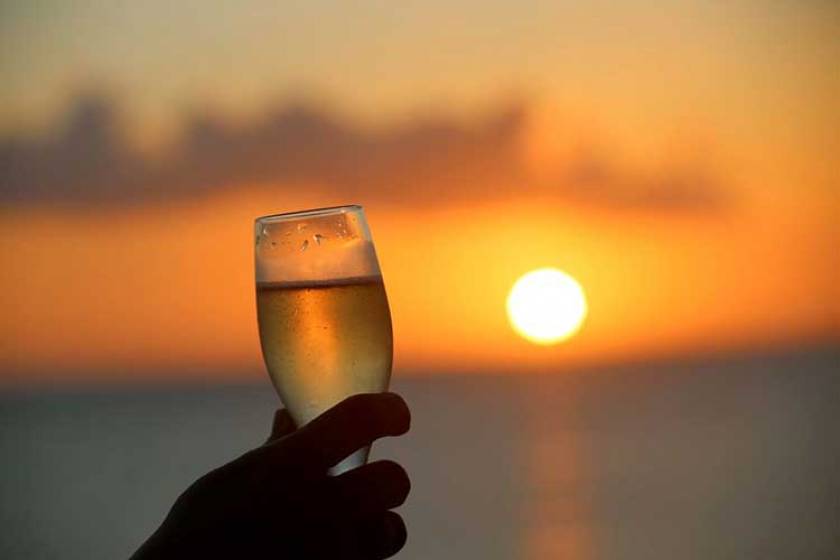 champagne toast in front of sunset